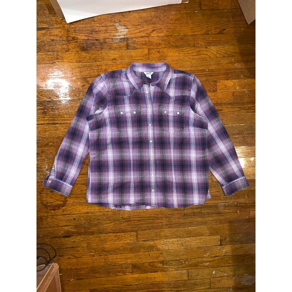 Duluth Trading Co Womens XL Flannel Shirt Purple Plaid Pearl Snap Western